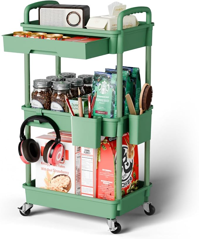 Sorgion 3 Tier Rolling Cart Organizer,Laundry Room Bathroom Organizers and Storage Office Shelves Mobile Shelving Unit Kitchen Trolley Cart with Wheels for Art,Craft,Diaper,Bedside,Snack(Green) by Sorgion