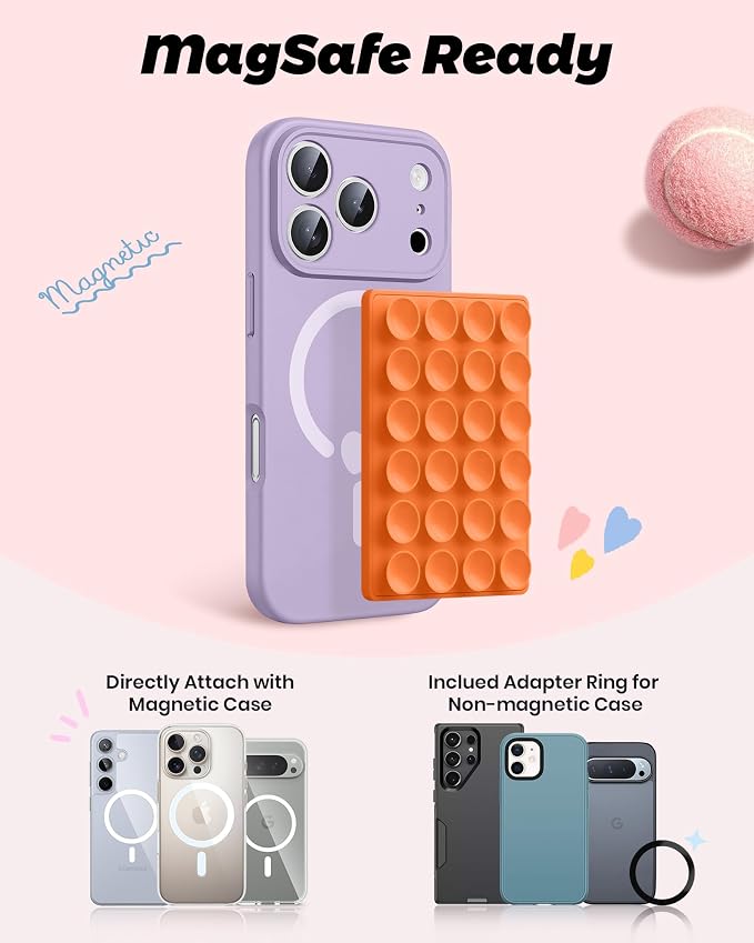 amBand Magnetic Sticky Phone Suction Grip for MagSafe, Removable for Wireless Charging, Durable Magnet Silicone Portable Mount Stand for iPhone 12 13 14 15 16 17, Hands-Free Video/Selfie, Orange - Image 2
