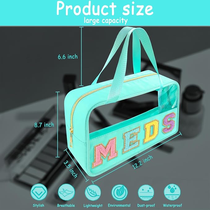 Bunliuys Chenille Letter Clear Makeup Bag Meds Patch, Travel Toiletry Makeup Bag with Handle, Nylon Waterproof Makeup Bags clear cosmetic bag, preppy patch makeup bag for Women (MEDS-Mint Green) - Image 2