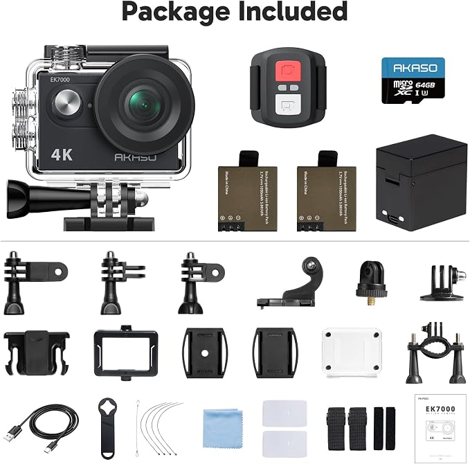 AKASO EK7000 4K30fps Action Camera with 64GB MicroSDXC U3 Memory Card Accessories Kit Bundle Ultra HD 131FT Waterproof Underwater Camera EIS WiFi Remote Control 4X Zoom, Black - Image 8