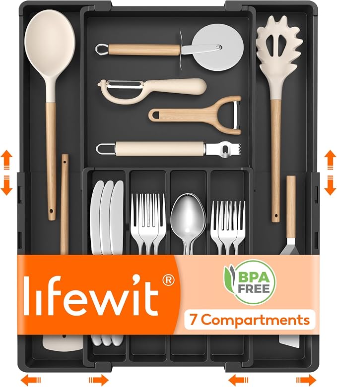 Lifewit Silverware Drawer Organizer, Expandable Utensil Tray for Kitchen | BPA Free Adjustable Flatware and Cutlery Holder, Plastic Storage for Spoons Forks Knives, 8.9-14.2 x 11.3-19.4 x 1.7, Black by Lifewit