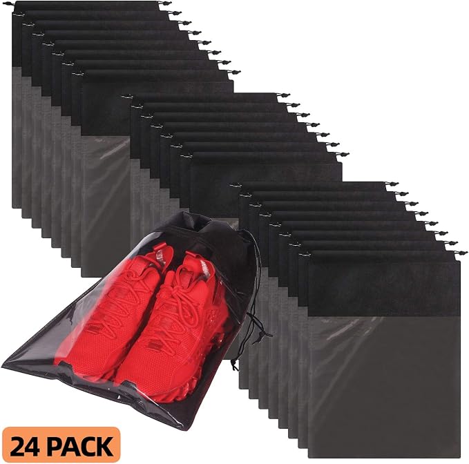 24 Pack Portable Shoe Bags for Travel Large Shoes Pouch Storage Organizer Clear Window with Drawstring for Men and Women Black - Image 7