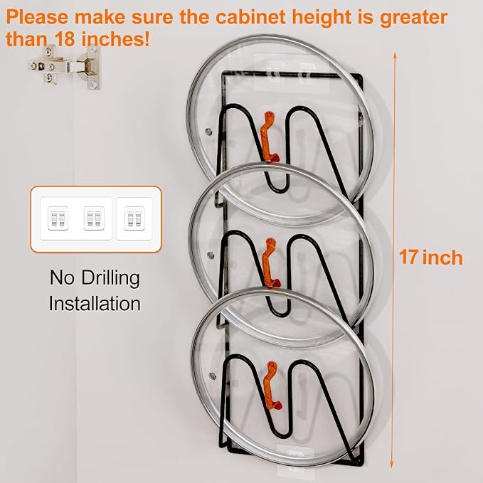 Durmmur 2 Pack Pot Lid Organizer, 6-Tier Lid Holder for Cabinet Door & Wall | Rustproof Metal Lid Organizer with No-Drill Adhesive Mounting for Pot and Pan Lids, Space-Saving Kitchen Storage, Black - Image 4