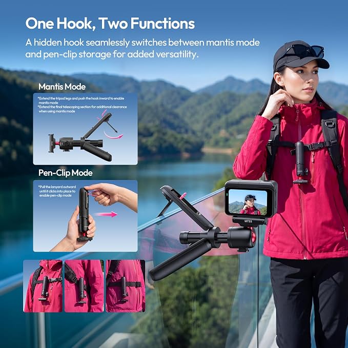 ULANZI Magnetic Mini Tripod Selfie Stick for Action 6/Nano/Xtra Atto | Mantis Hook, Quick Snap Strap Mount, Magnetic Base for Action 6 Nano, 4-Section Extension, 360° Ball Head - Image 4