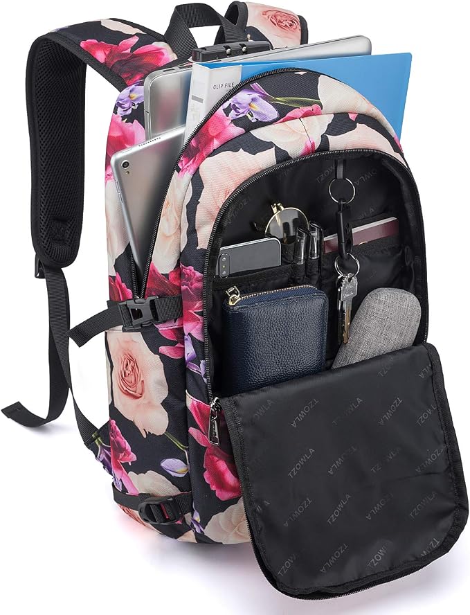 Tzowla Business Laptop Backpack Water Resistant Anti-Theft with USB Charging Port and Lock 15.6 Inch Computer Backpacks for Men, Women, Casual Hiking Travel Daypack (Flower) - Image 2