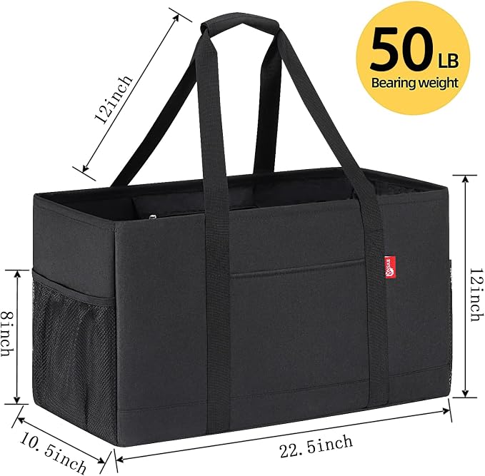 Extra Large Utility Tote Bag, Foldable Reusable Grocery Bags with Metal Wire Frame & Reinforced Bottom Board, Stand Up Large Utility Tote for Shopping, Beach Bag, Laundry, Car (Black) - Image 4