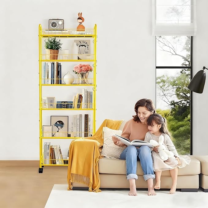 6-Tier Slim Storage Cart with Wheels, Metal 6in Narrow Rolling Shelf, Sturdy Slim Storage with Hooks Ideal for Kitchen, Bathroom, and Laundry Room, Yellow - Image 4