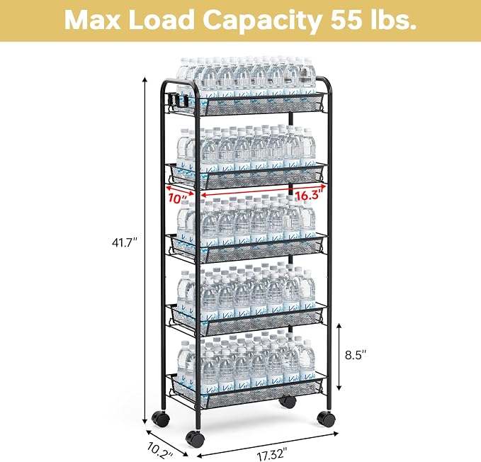 TOOLF 5 Tier Rolling Cart, Metal Utility Storage Cart with Wheels, Black | 3 Hooks, Screwless Assembly, Trolley Organizer for Bathroom, Kitchen, Office, Nursery, Dorm, Laundry Room - Image 5