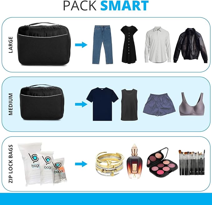 bago 7 Pcs Packing Cubes for Travel - 4 Travel Packing Cubes for Suitcases with 3 ZipLock Bags - Luggage Organizer Bags to Get Maximum Storage, Save Time & Effort to Pack (Black) - Image 4