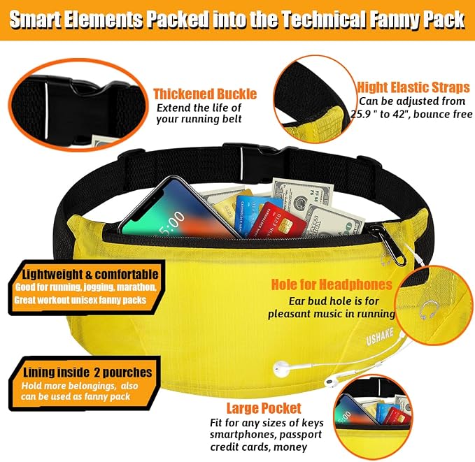 USHAKE Running Belt,Men or Women Ultra Light Bounce Free Waist Pouch Bag Fitness Workout Belt Sport Waist Pack Exercise Waist Bag for iPhone Samsung LG in Running Gym Marathon (YELLOW) - Image 2