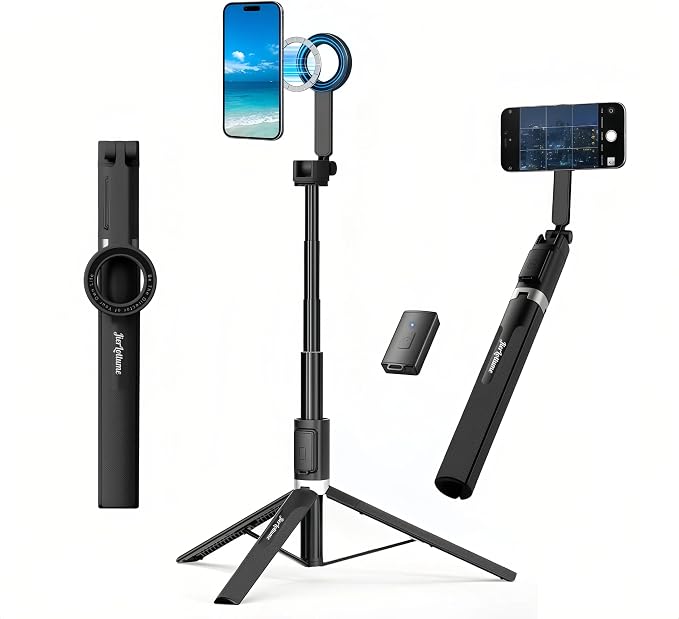 Magnetic Selfie Stick Tripod, 67" Aluminum Extendable Magnetic Holder for MagSafe, 360° Rotatable & 330° Tilt Travel Phone Tripod Stand with Wireless Remote for iPhone 12-17 Pro Max/Android/Samsung by JierLottume