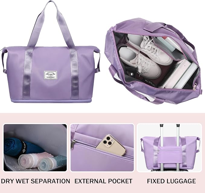 INVODA Travel Duffel Bag For Women and Men Waterproof Expandable Weekender Overnight Carry On Tote Bag Dry Wet Separation Swim Sports Travel Gym Bag (Purple) - Image 6