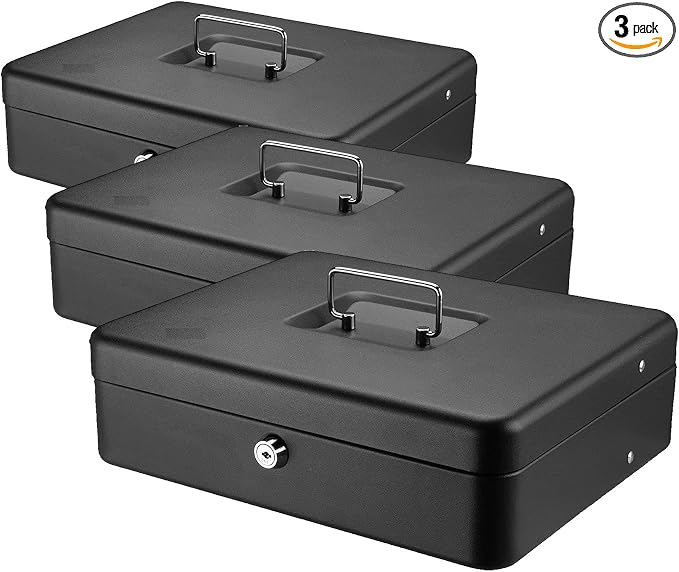 SentrySafe Black Money Saving Box with Cash Tray and Key Lock, Portable Safe Box with Carrying Handle, 0.21 Cubic Feet, 3.75 x 12 x 9.3 Inches, CB-12, (Pack of 3) by SentrySafe