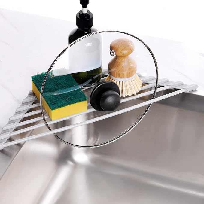 Tomorotec Triangle Roll Up Dish Drying Rack with Silicone Coating, Gray | 304 Stainless Steel with BPA-Free Silicone, Triangle Design Maximizes Sink Corner Space, Fits Compact Kitchens And RVs - Image 4