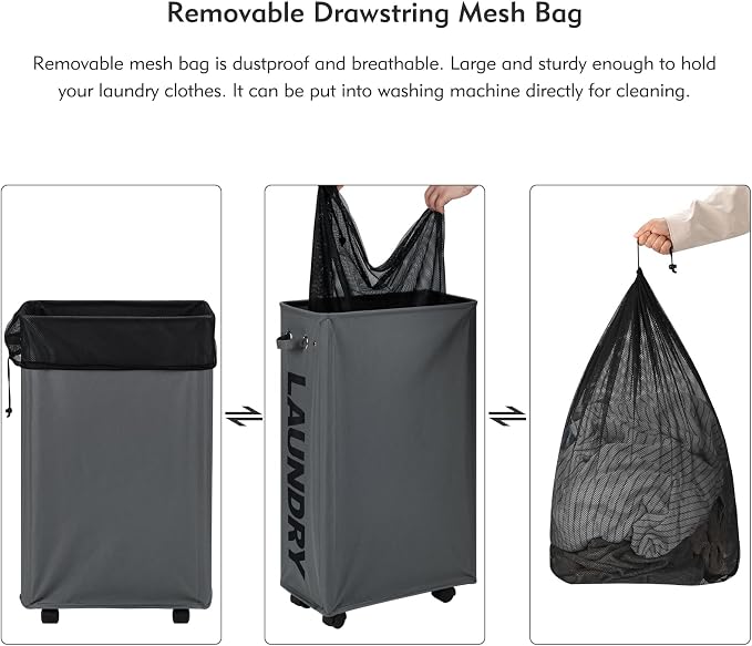 DOKEHOM 29" Enlarged Slim Rolling Laundry Basket Hamper on Wheels, Grey | Collapsible tall laundry hamper with removable mesh wash bag. Foldable narrow corner clothes storage bin for small spaces - Image 5