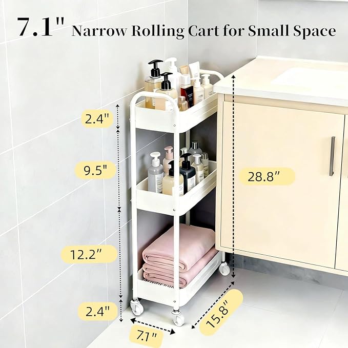 3 Tier Narrow Rolling Storage Cart for Laundry Room Bathroom Kitchen, 7.1'' Slim Utility Cart with Wheels and Lockable Casters Standing Shelf for Small Space & Between Washer and Dryer, White - Image 7