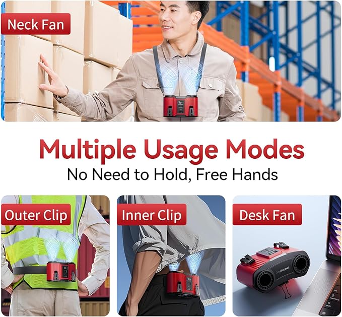 Doublepow 24000mAh Portable Waist Fan, Personal Fan, Dual Air Ducts Motors, Rechargeable Clip On Belt for Working, 10 Speeds 45H Wearable Neck Cooling, for Outdoor Work Travel, Power Outage (Red)﻿ - Image 6