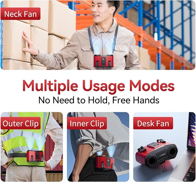 Doublepow 12000mAh Portable Waist Fan, Personal Waist Fan, Dual Air Ducts Motors, USB Rechargeable Clip On Belt for Working, 10 Speeds & 23H Wearable Neck Cooling, for Outdoor, Work, Travel (Red) - Image 6
