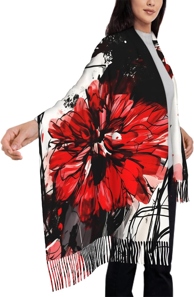 IBILIU Oversize Scarf for Women Floral Flower Purple Prune Color Scarf Tassel Scarves Fall Winter Shawl Wraps - 77.6 x 28.3in - Image 4