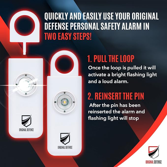 Original Defense® Siren Self-Defense Alarm - 130 dB Keychain Alarm with LED Strobe Light for Women, Children, and Elderly - Police Recommended - (White, 1 Count) - Image 3