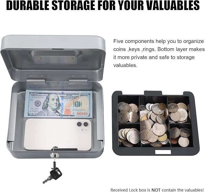 KYODOLED Medium Cash Box with Money Tray,Small Safe Lock Box with Key,Cash Drawer,7.87"x 6.30"x 3.54" Lightgrey Medium - Image 4