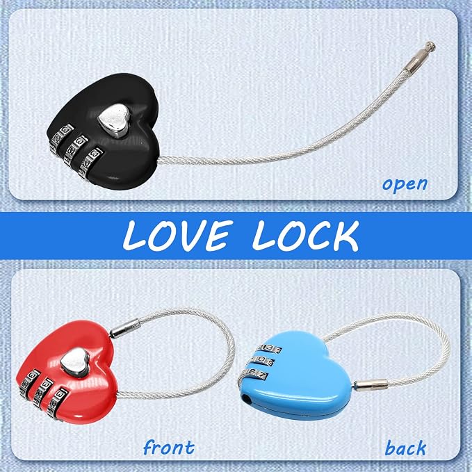 3 Pack Mini Padlock Heart Code Lock 3-Digit Combination | For Boxes/Suitcase/Travel Bags, Red/Blue/Black - Image 4