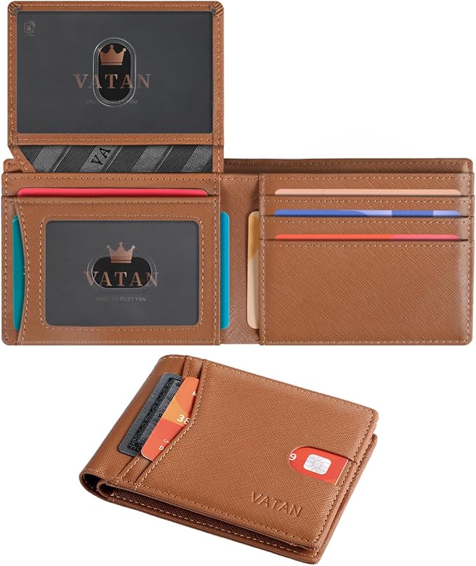 VATAN Wallet for Men Slim RFID Blocking Leather Credit Card Holder Wallet for 15 Cards, Bifold Minimalist Thin Wallet with 2 ID Windows & Cash Slot, With Gift Box (Cross Grain Brown) by VATAN