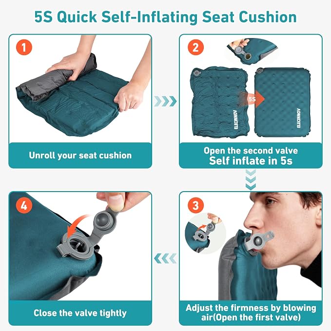 Inflatable Seat Cushion, Self Inflating Compact Stadium Seat Cushion | Airplane Bleacher Seat Cushion Comfortable & Portable Blow-Up High Density Foam Pad for Travel Outdoors Camping (Blue) - Image 5