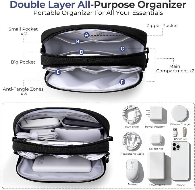 Skycase Travel Cable Organizer - Lightweight Water Resistant Dual-Layer Tech Pouch with Wrist Strap 9 Compartments Electronic Organizer Travel Case for Charger Cord Hard Drive,Small,Black - Image 2