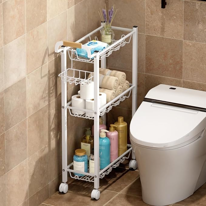 AOODA Laundry Room Cart with Top Detergent Holder, Metal Rolling Storage Cart Between Washer and Dryer, 3 Tier Narrow Laundry Room Organization and Storage with Wheels (White) - Image 8