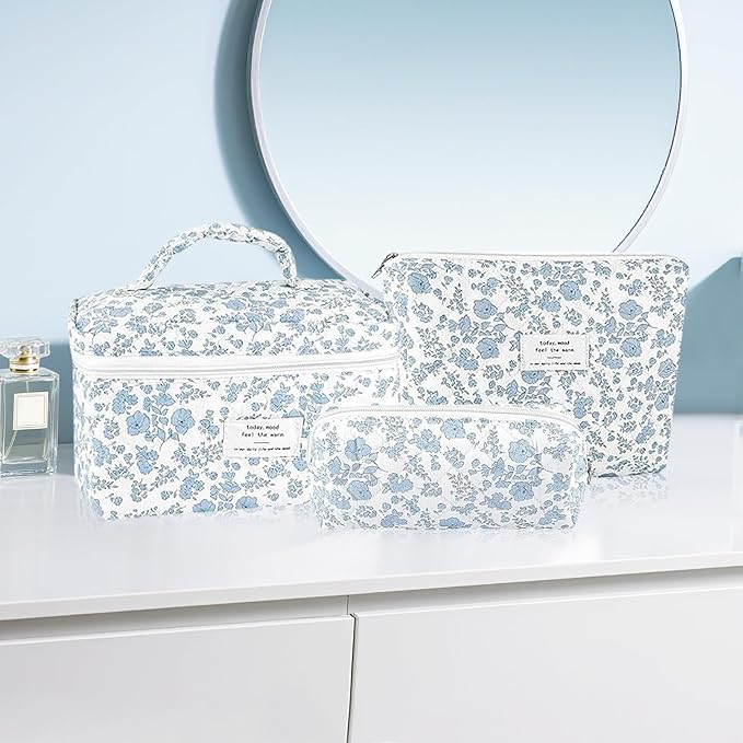 URSKYTOUS 3Pcs Makeup Bag Quilted Cosmetic Bag Set Bow Travel Large Makeup Pouch for Women Cute Portable Cotton Toiletry Bag Skincare Organizer Coquette Vintage Travel Essential - Image 7