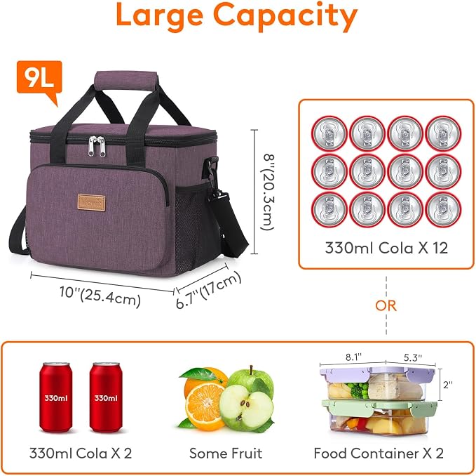 Lifewit Medium Lunch Bag, Insulated Lunch Box, Soft Cooler Cooling Tote for Adult Men Women, Purple 12-Can (9L) - Image 4