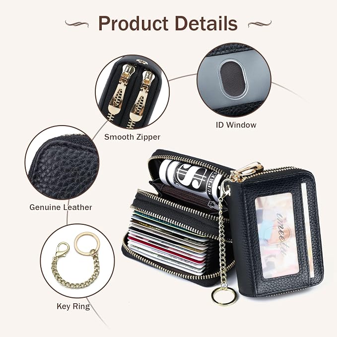 imeetu Rfid Credit Card Holder, Businese Card Case, Wallet for Women Men | Genuine Leather Card Wallet with id Window, Keychain & Double Zipper, Water-resistan Small Wallet with Gift Box, Daily Travel - Image 3