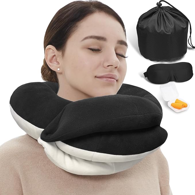 Travel Neck Pillows for Airplanes, Memory Foam 360° Head Support Sleep for Long Flight, Skin-Friendly & Breathable, Kit with Eye Mask, Earplugs and Storage Bag (Adult, Black, 90+ lbs) by BUYUE