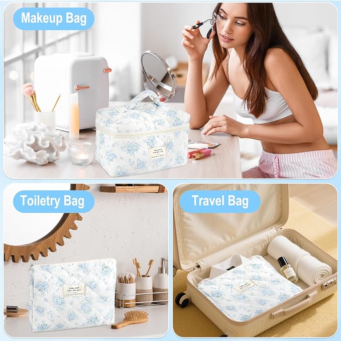 URSKYTOUS 2Pcs Cotton Quilted Makeup Bag for Women Girls Large Small Travel Floral Cosmetic Bags Set Cute Coquette Zipper Makeup Pouch for Purse Aesthetic Cloth Flower Storage Toiletry Bag Organizer - Image 4