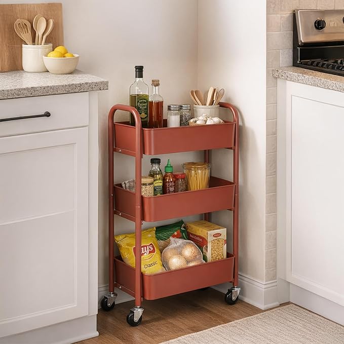 SunnyPoint 3-Tier Delicate Compact Rolling Metal Storage Organizer - Mobile Utility Cart Kitchen/Under Desk Cart with Caster Wheels (RED, 15.35" X 10.24" X 26.8"H) - Image 2