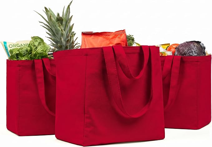 VeraMia Canvas Grocery Bag 3pc XL Set with Real Pockets, Long Shoulder Strap and Short Handle. Heavy Duty, Foldable, Washable by VeraMia