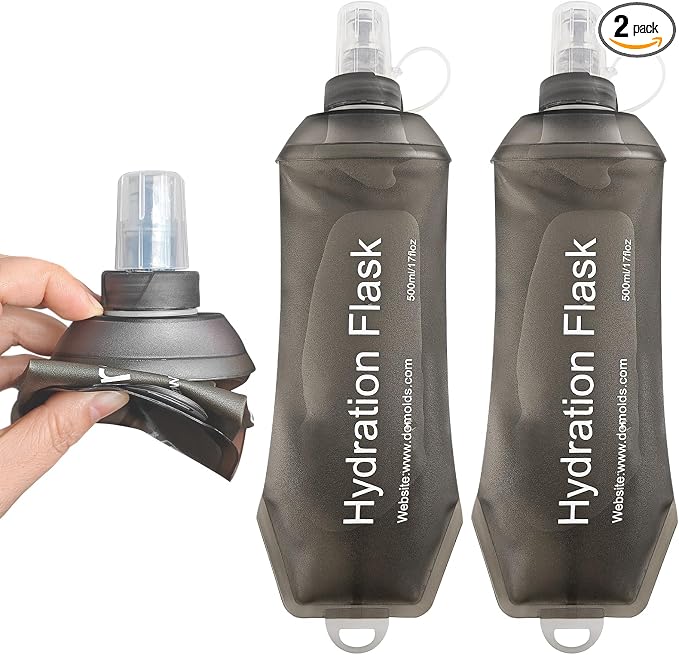 2 Pack 500ml Soft Flask, Shrink As You Drink Collapsible Water Bottles for Running Vest & Hydration Pack, BPA-Free Leak-Proof TPU Folding Bottle for Hiking Cycling Climbing Jogging-Grey by TACVEL