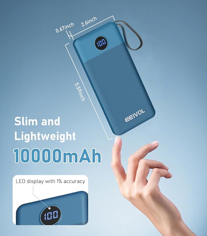 Portable Charger with Built in Cables, Slim 10000mAh Power Bank, USB C Battery Pack Travel, 4 Output 2 Input External Charging Bank for iPhone 17/16/15/14/13,Samsung, Android, etc-Black&Blue(2 Pack) - Image 4