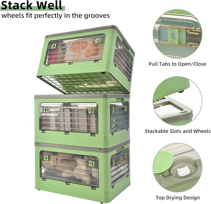 32Qt Plastic Storage Bins with Lid, Collapsible Storage Bins with Wheels, Storage Boxes with 4 Doors, Stackable Storage Bins for Organizing Clothes, Snacks and Camping, 2-Pack (Green) - Image 3