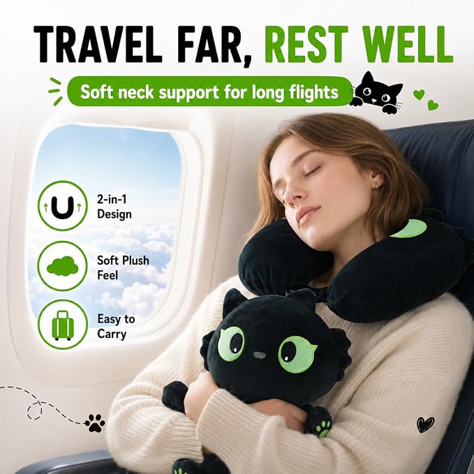 2-in-1 Travel Pillow for Kids & Adults Car Neck Pillow Memory Cotton U-Shaped Neck Pillow Soft Head Support Travel Accessories for Airplane Car Train Bus Airplane Pillow (cat) - Image 8
