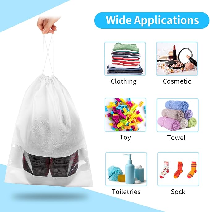 12 Pack Shoe Bags for Travel, Large Travel Shoe Bag for Packing with Window | Dustproof Drawstring Travel Shoe Storage Bags Travel Essentials for Men & Women, White - Image 4