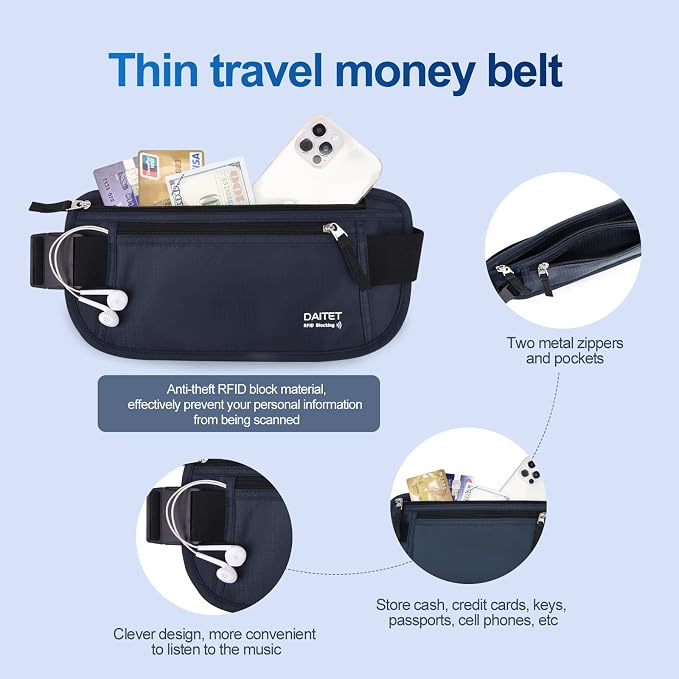 RFID Blocking Money Belt for Men Women, Slim Fanny Pack for Travel，Running,Conceal Waist Wallet for Passport Holder,Phone,Cash(Black Dark Blue) - Image 2
