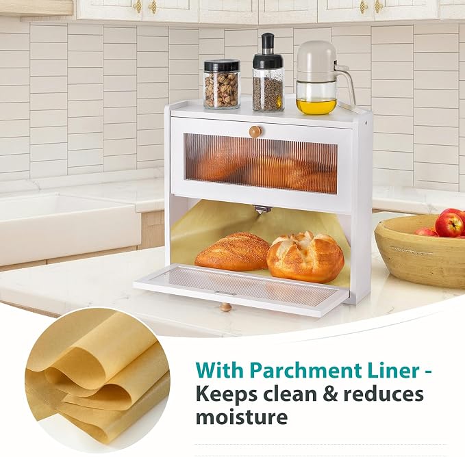 Sunhoo Bread Box for Kitchen Countertop Corner Large Wooden Bread Bin 2 Tier Rustic Food Storage Container with Acrylic Window Farmhouse Keeper Shelf Organizer for Loaves Pastries & Snacks (White) - Image 3