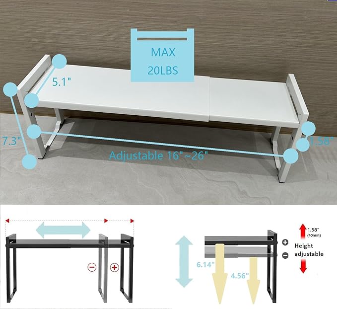 Expandable Cabinet Shelf Organizer 16-26" L Stackable Kitchen Counter Shelf Rack Stand Sink Riser Countertop Storage White (Narrow 5.1”D) - Image 3