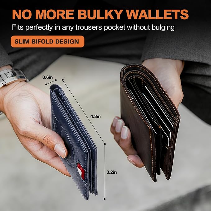Wallet for Men Slim RFID Blocking Bifold Carbon Fiber,Minimalist Small Compact Front Pocket Credit Card Holder,Thin Mens Leather Wallets Smart Security With 2 ID windows 1 Cash (Oil Wax Blue) - Image 4