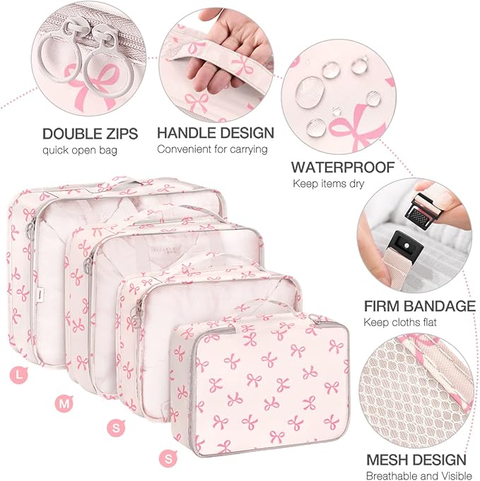 8 Set Packing Cubes for Suitcases,Suitcase Organizer with Shoe,Cosmetics,Clothing, and Accessories Bags for Travel Luggage Organizer Women Men(Pink Bows) - Image 3