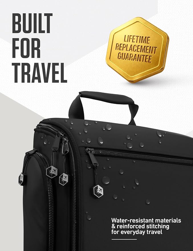VENTURE 4TH Hanging Travel Toiletry Bag, 18 Compartments - Black | Hangs on rails, hooks or doors; stands upright. Removable TSA pouch. Water-resistant Nylon 290D Twill, reinforced stitching. - Image 7