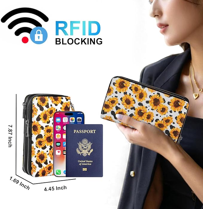 RFID Wallet with Phone Pocket for Women - Double Zipper Wristlet Purse Large Capacity, 17 Card Slots, Coin Pocket, Cow Sunflower - Image 2