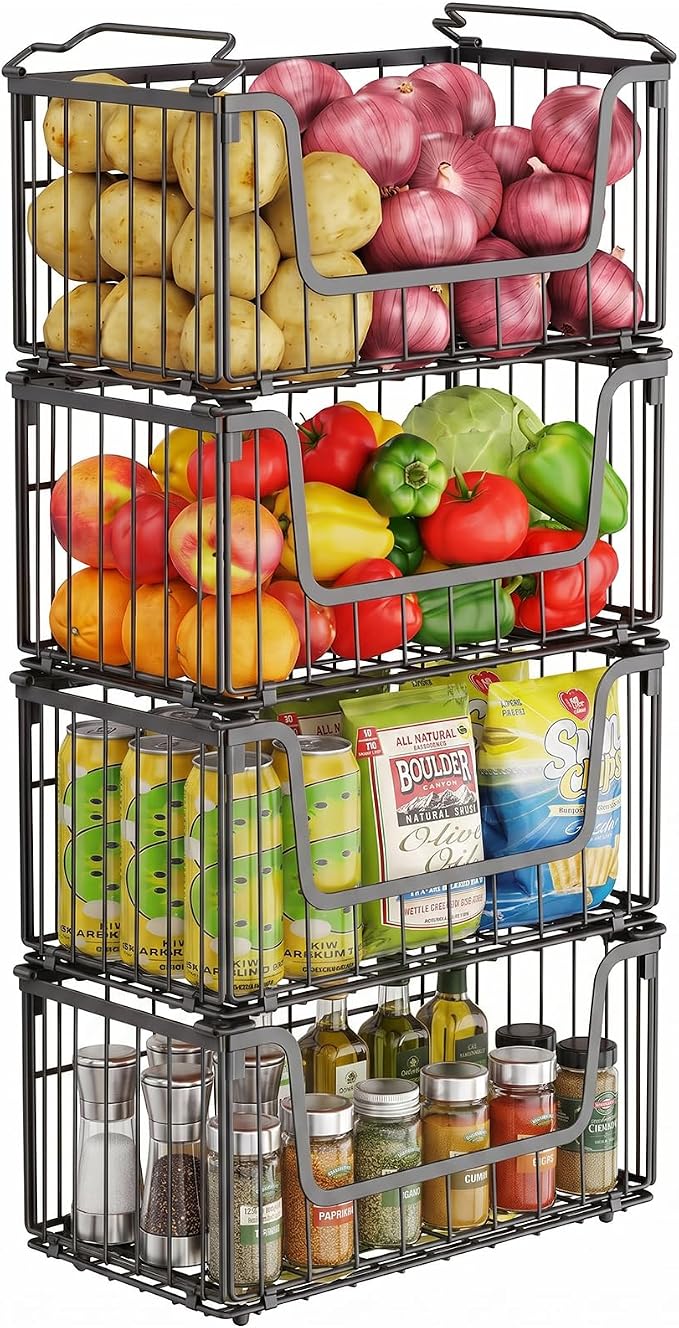 4 Pack Foldable Wire Basket for Pantry Organizers and Storage | Stackable Vegetable Fruit Basket for Kitchen Counter, Black Potato and Onion Storage Bins by MSERCUOR